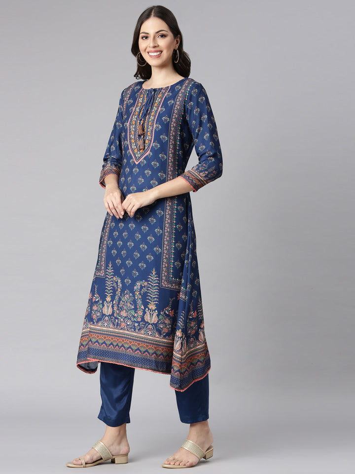 Neerus Blue Printed Kurta and Trousers With Dupatta