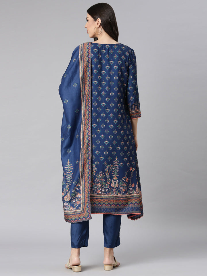 Neerus Blue Printed Kurta and Trousers With Dupatta