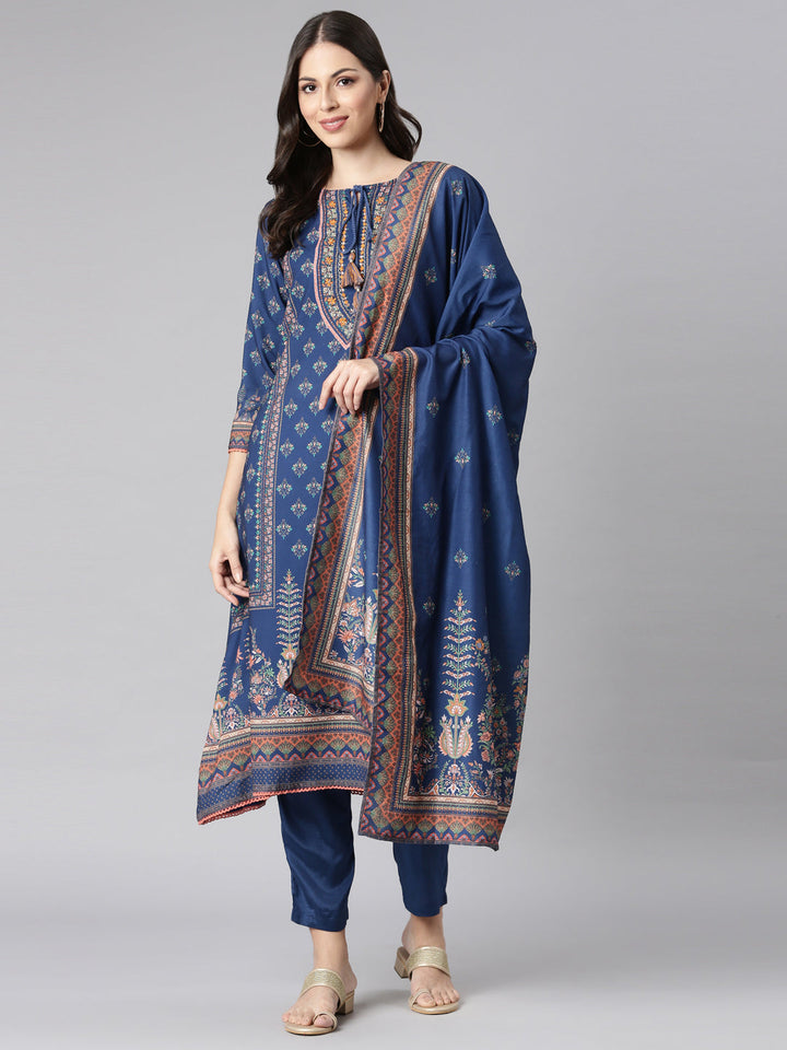 Neerus Blue Printed Kurta and Trousers With Dupatta
