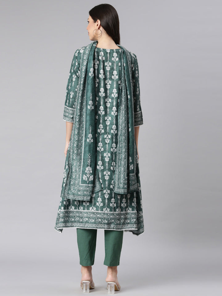 Neerus Olive Printed Kurta and Trousers With Dupatta