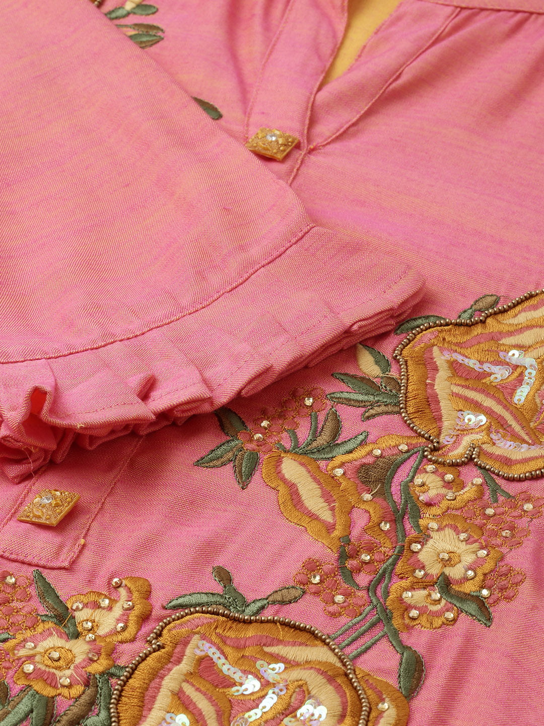 Neerus Pink rayon embroidered straight kurta - side view