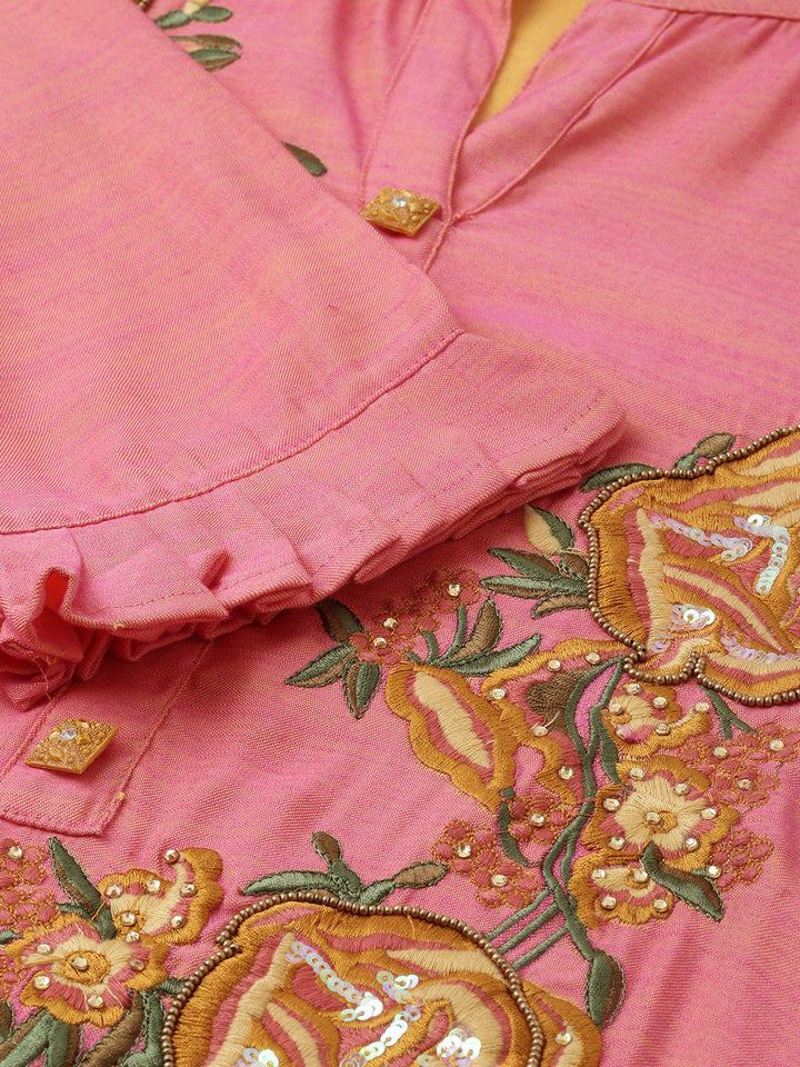 Neerus Pink rayon embroidered straight kurta - side view