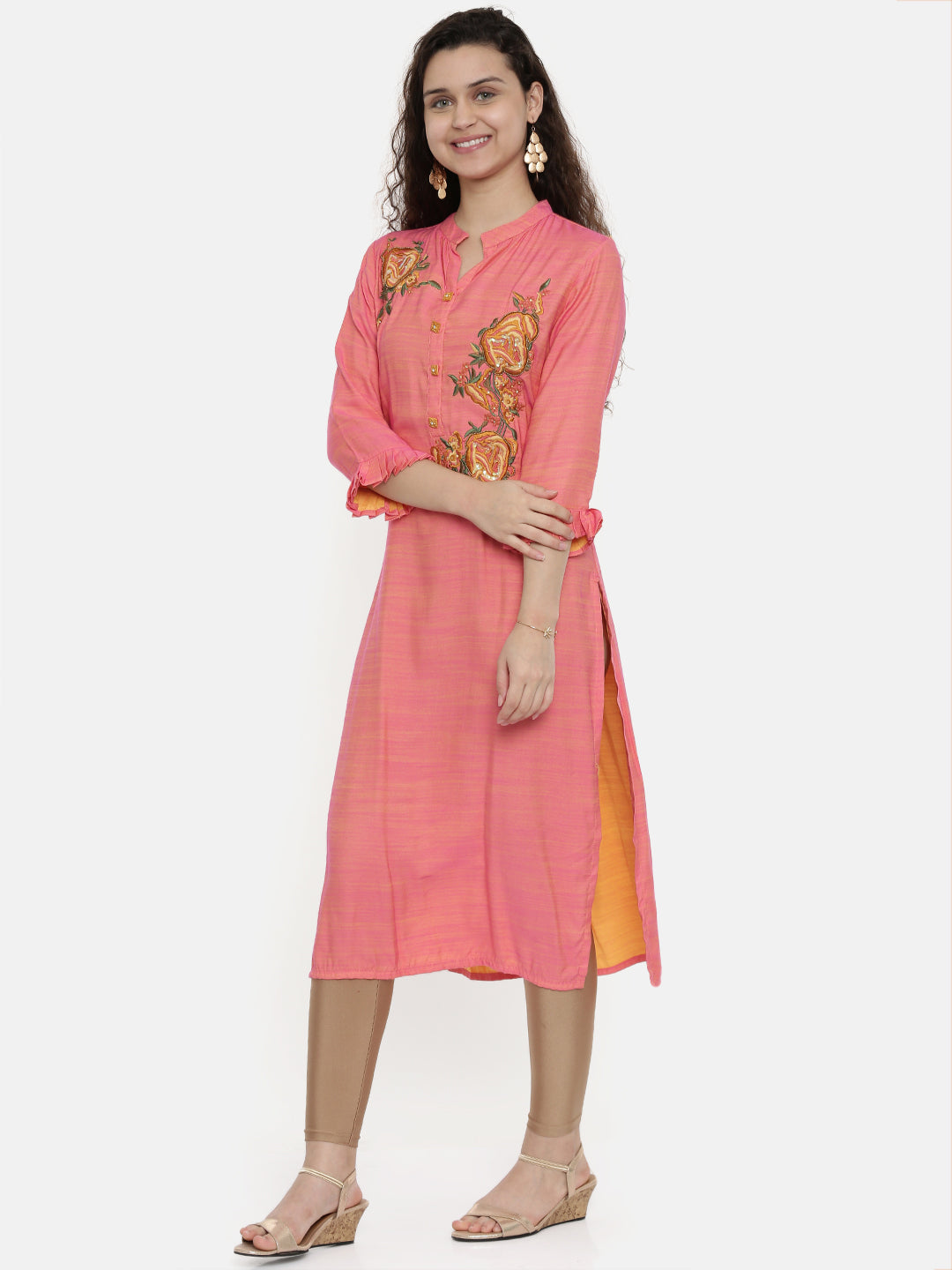 Neerus Pink rayon embroidered straight kurta - detail view 1