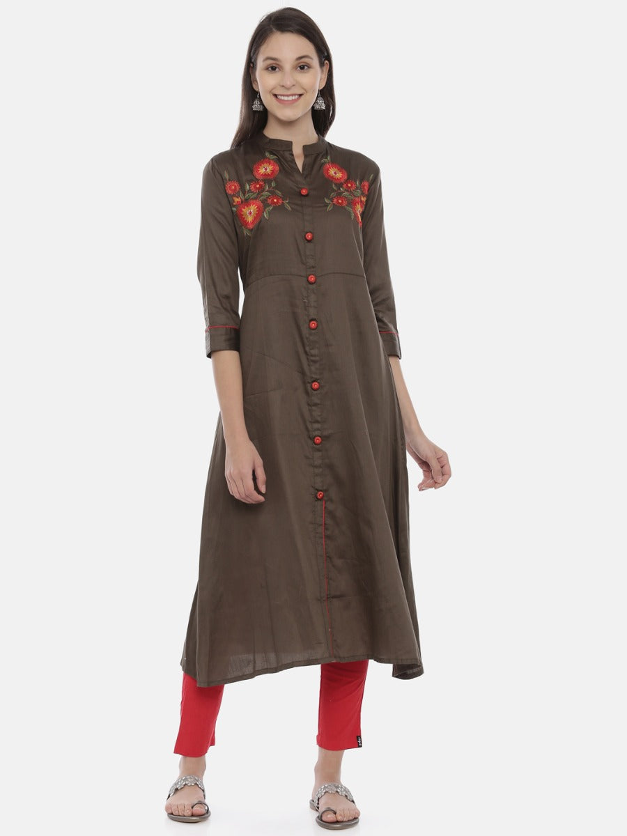 Neerus Green cotton embroidered A-line kurta - front view