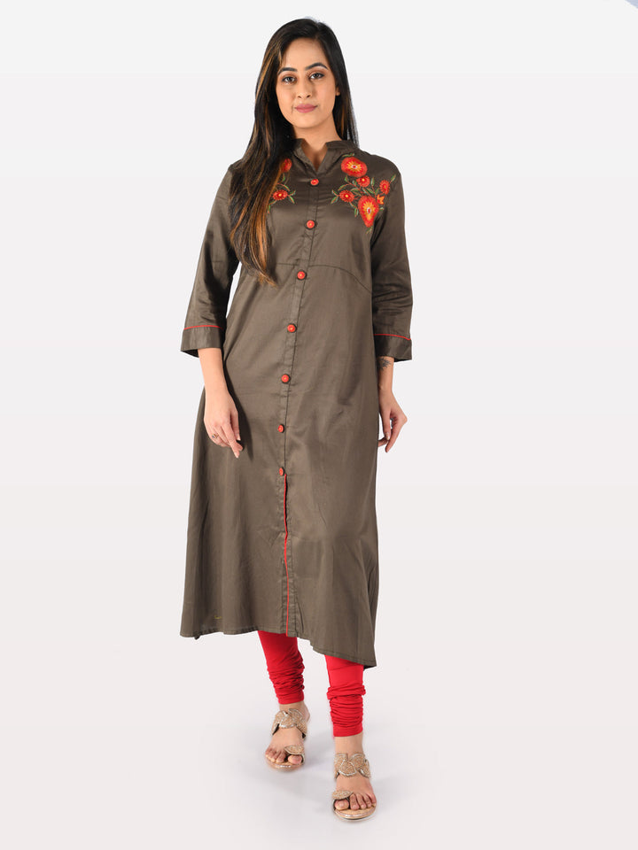 Neerus Green cotton embroidered A-line kurta - detail view 4