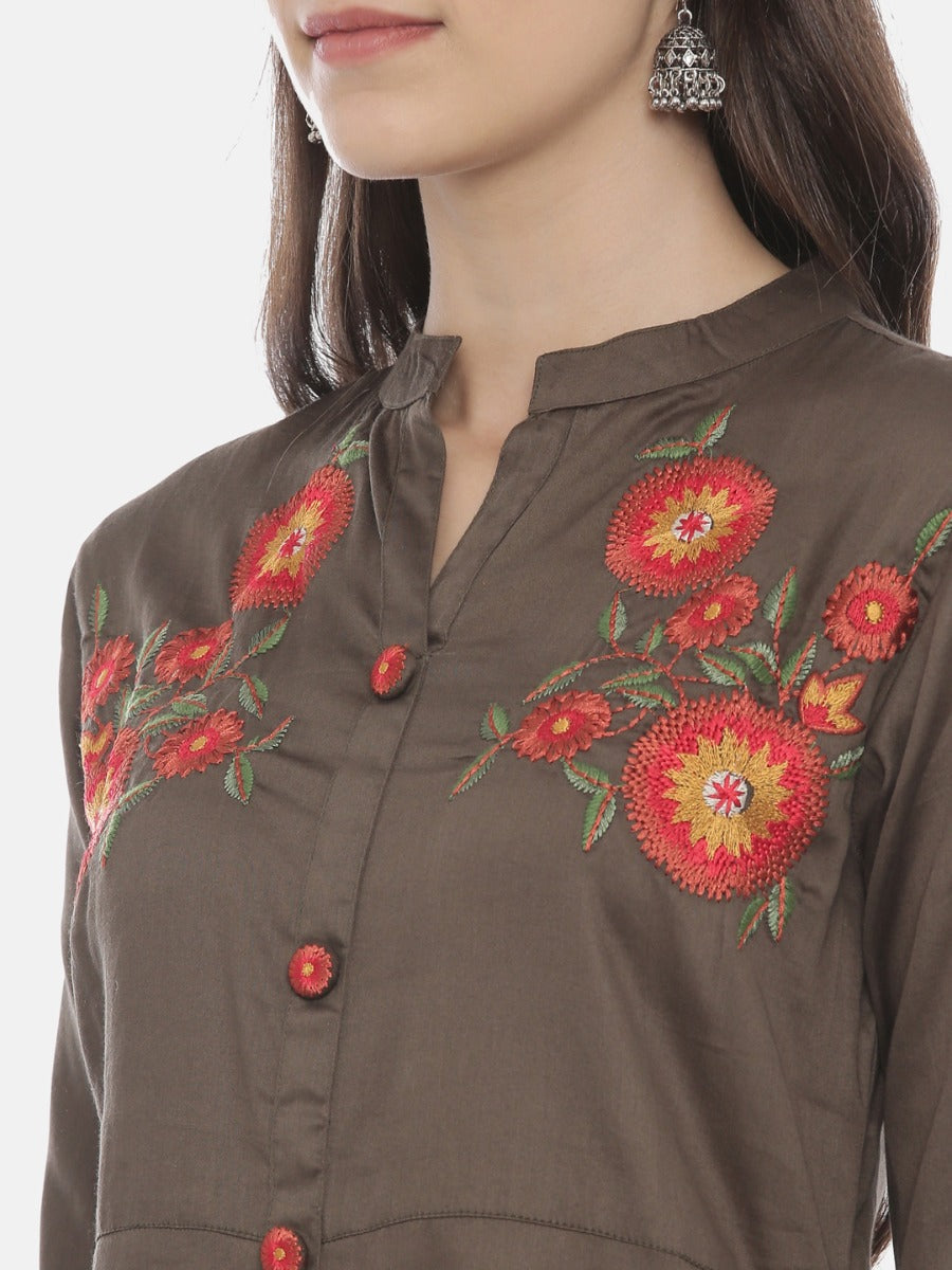 Neerus Green cotton embroidered A-line kurta - back view