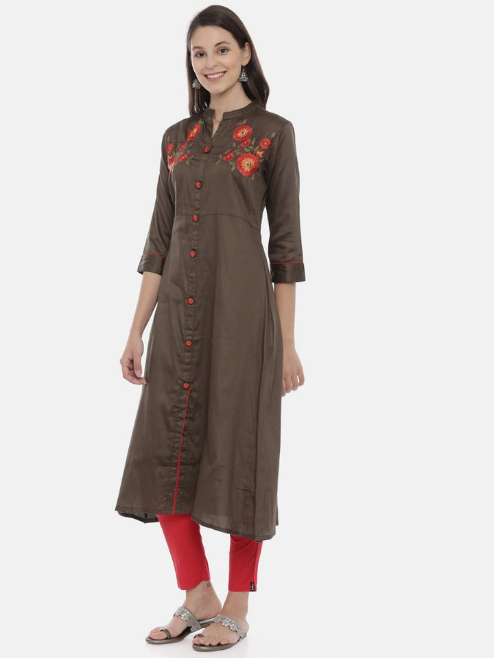 Neerus Green cotton embroidered A-line kurta - side view