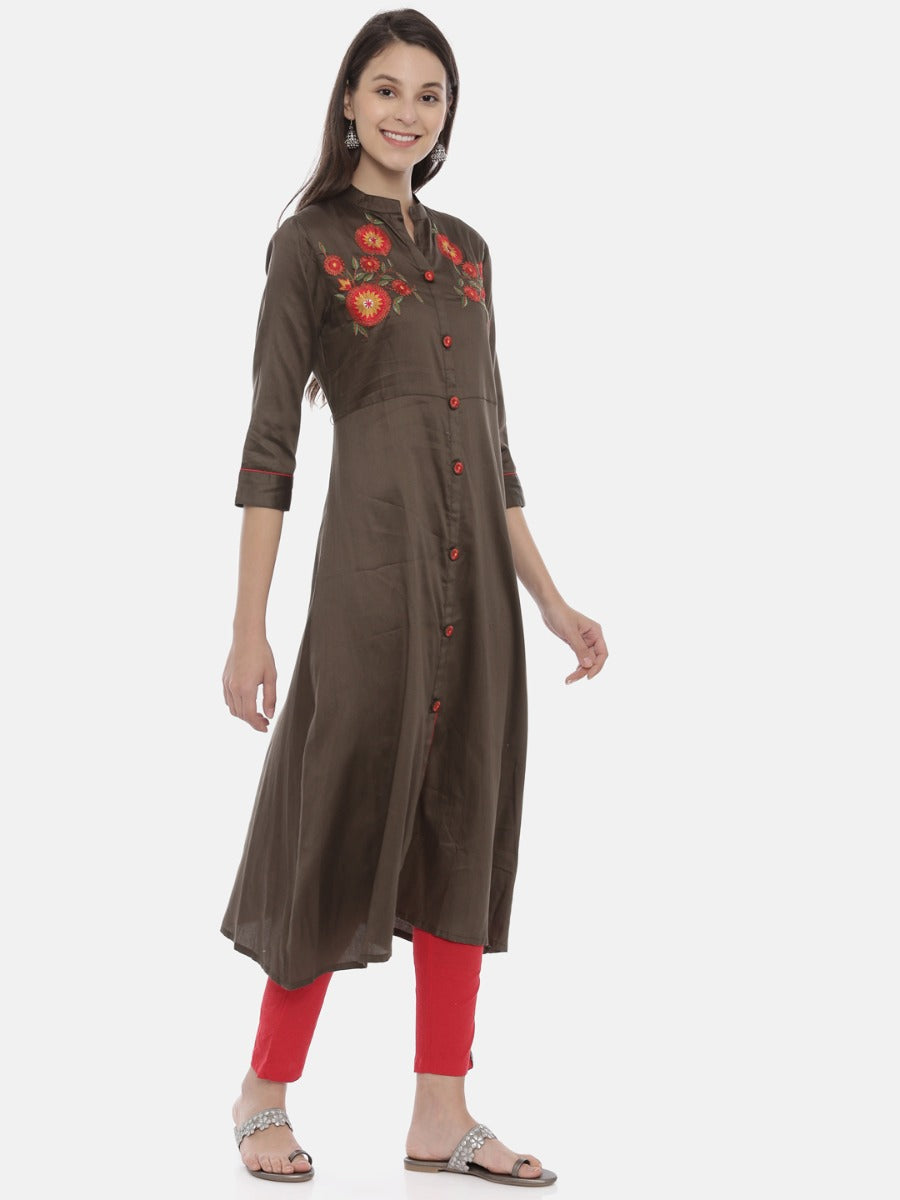 Neerus Green cotton embroidered A-line kurta - detail view 1