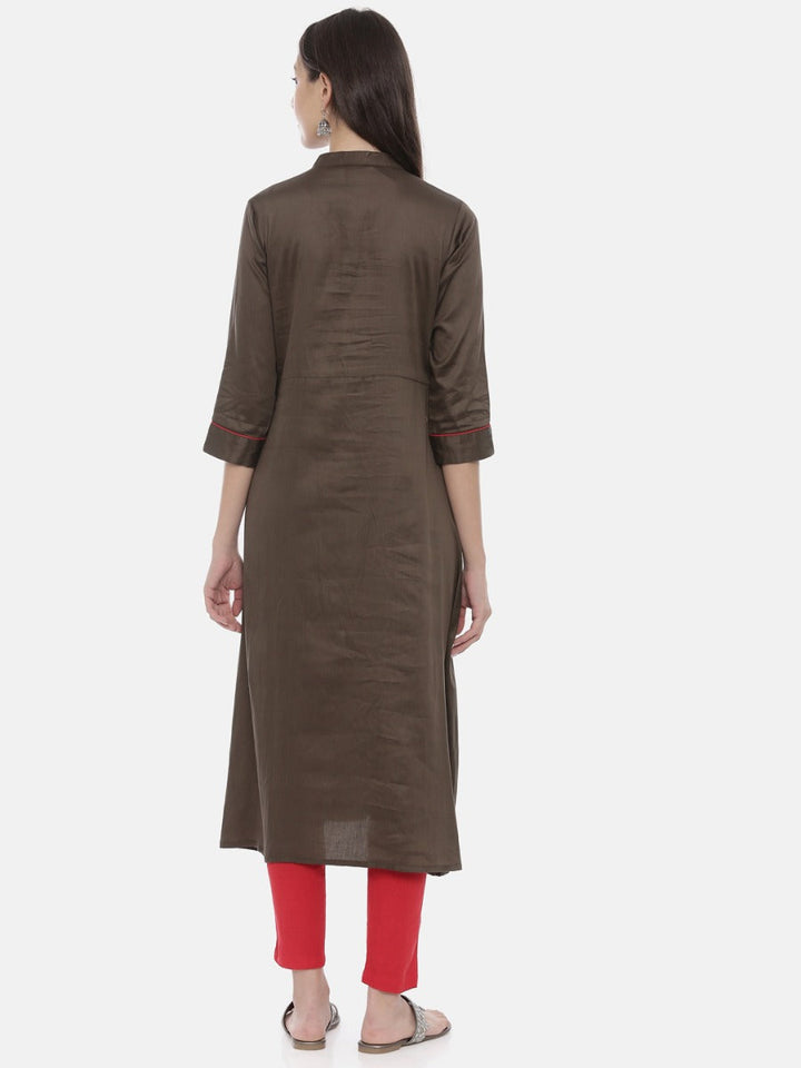 Neerus Green cotton embroidered A-line kurta - detail view 2