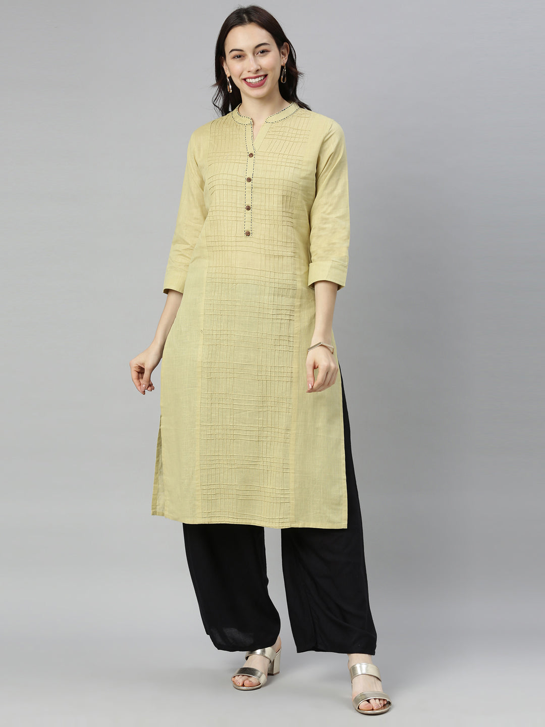 Neerus Beige slub cotton straight kurti - front view