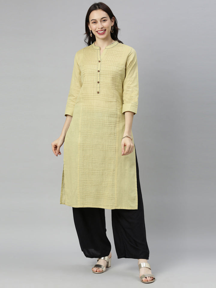 Neerus Beige slub cotton straight kurti - front view