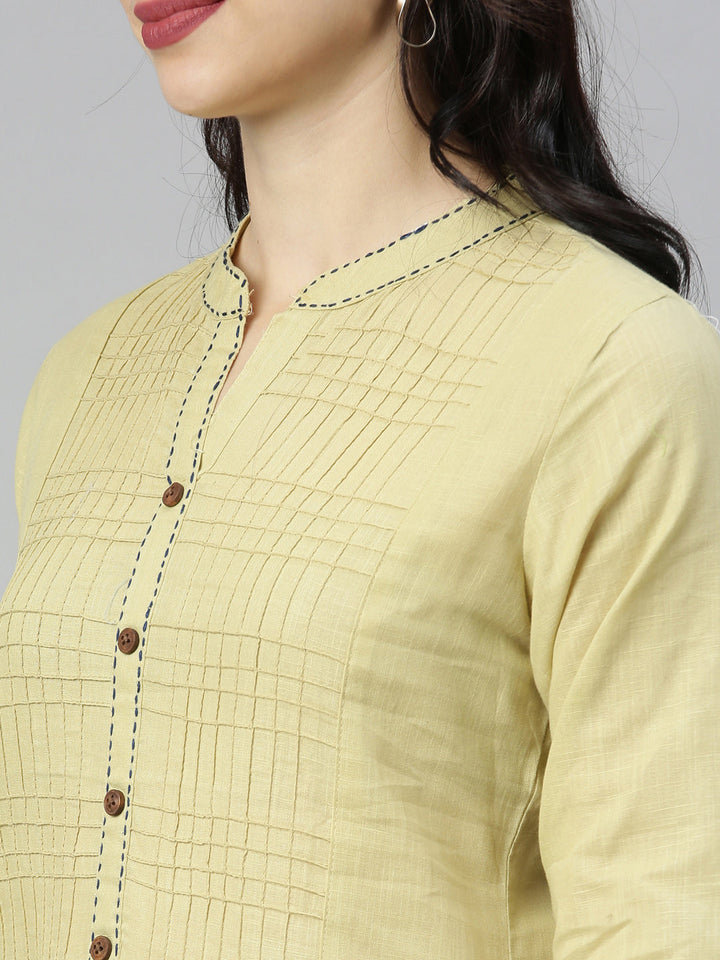 Neerus Beige slub cotton straight kurti - back view