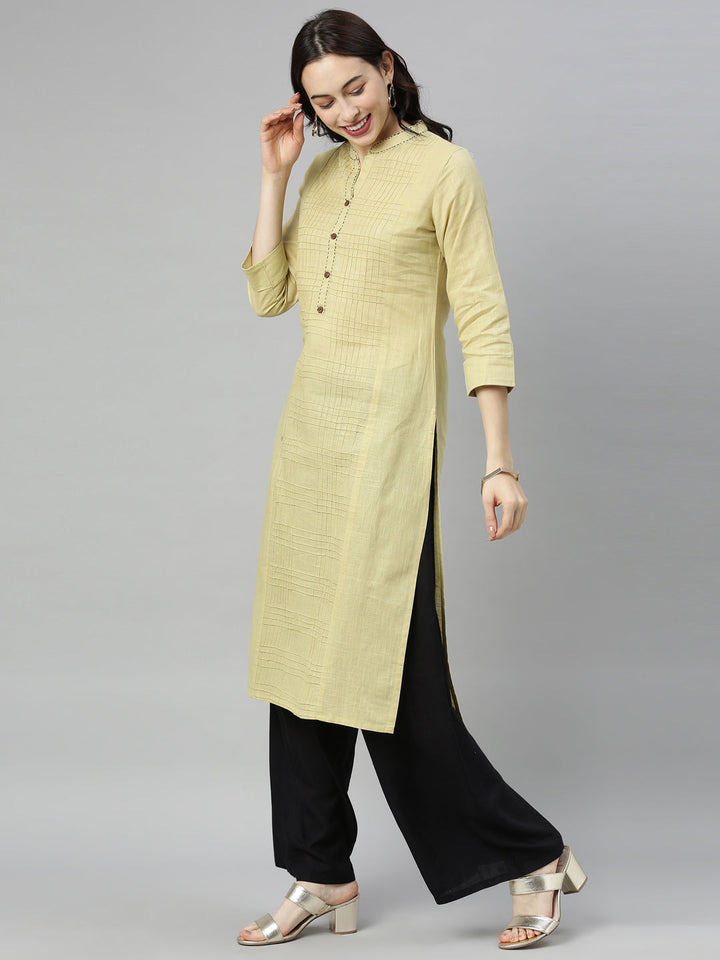 Neerus Beige slub cotton straight kurti - detail view 2