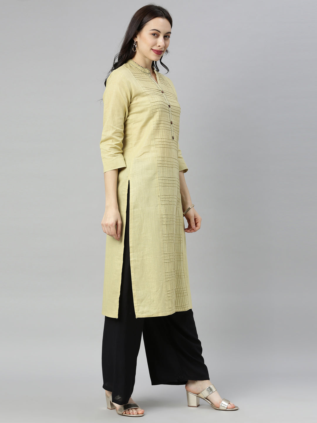 Neerus Beige slub cotton straight kurti - detail view 3
