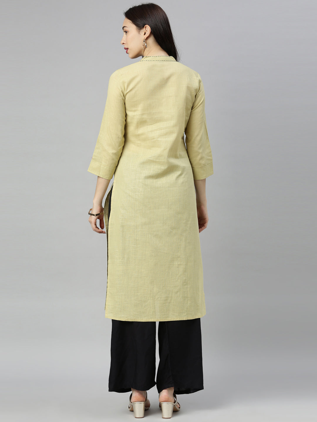 Neerus Beige slub cotton straight kurti - detail view 4