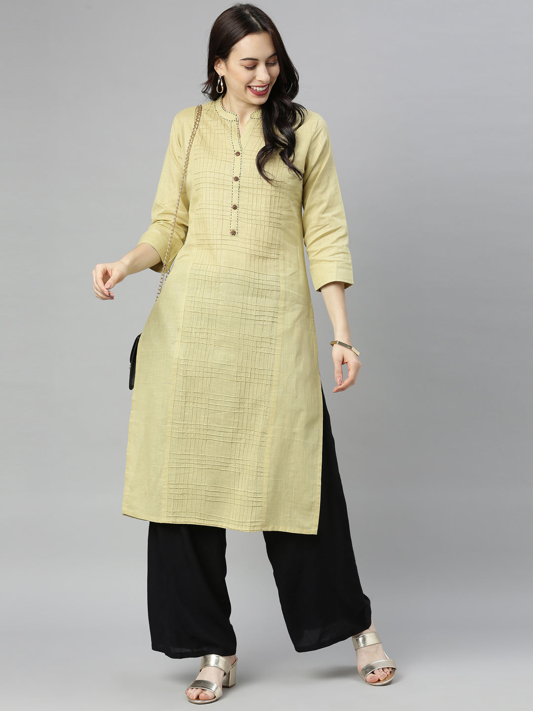 Neerus Beige slub cotton straight kurti - detail view 5