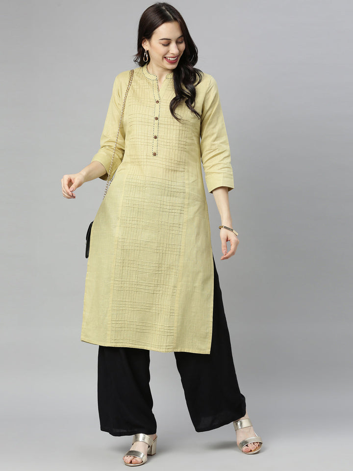 Neerus Beige slub cotton straight kurti - detail view 5