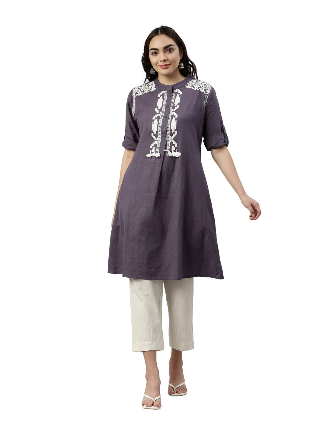 Neerus Grey polyester printed kurta set - front view