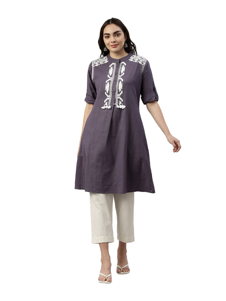 Neerus Grey polyester printed kurta set - front view