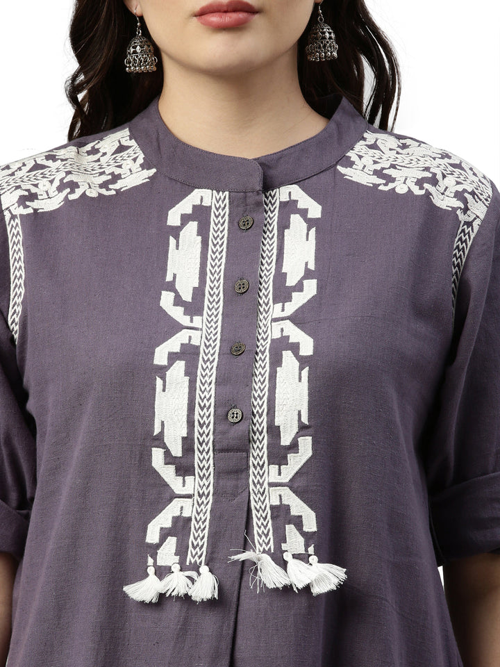 Neerus Grey polyester printed kurta set - back view