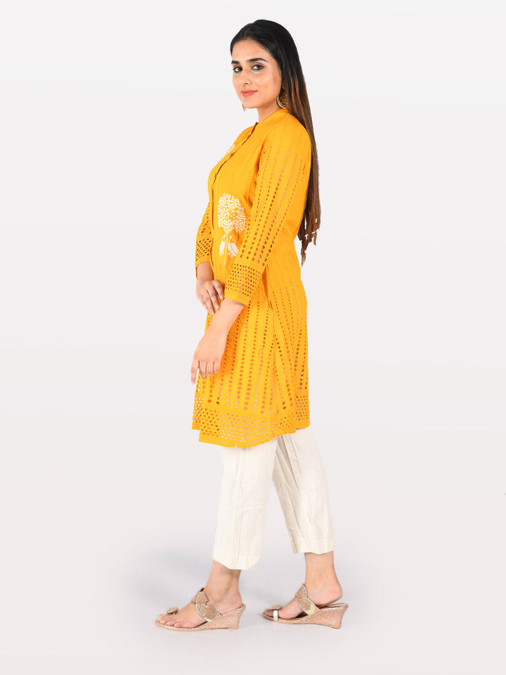 Neerus Yellow cotton printed straight kurta - back view