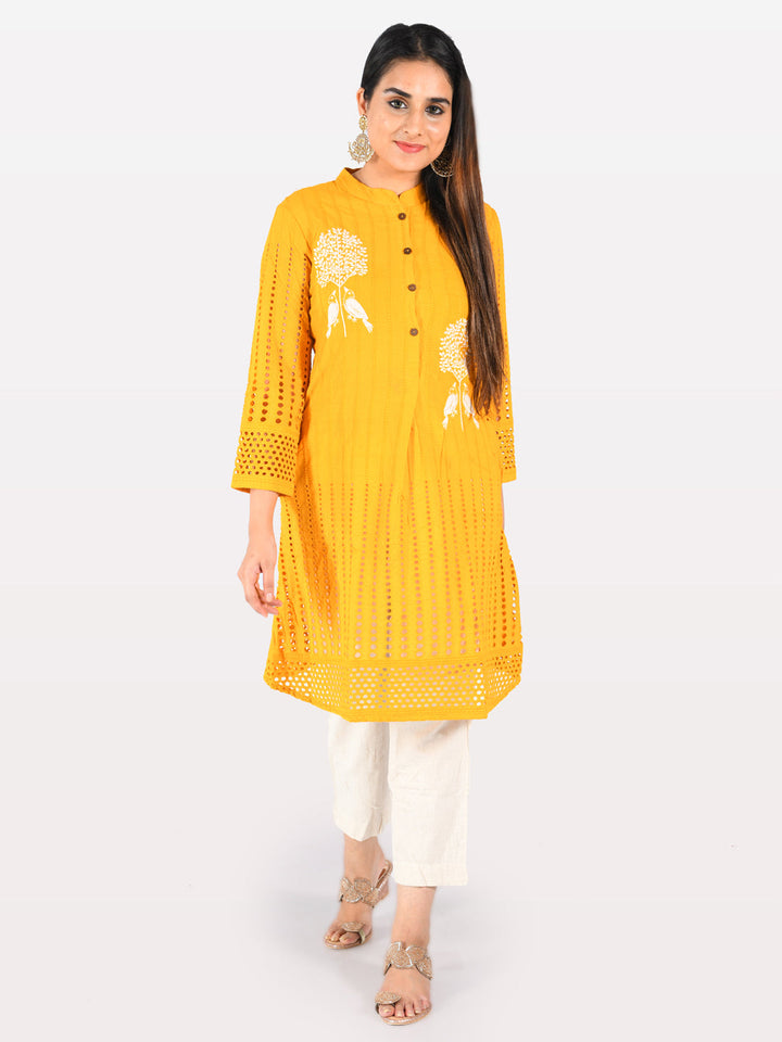 Neerus Yellow cotton printed straight kurta - front view