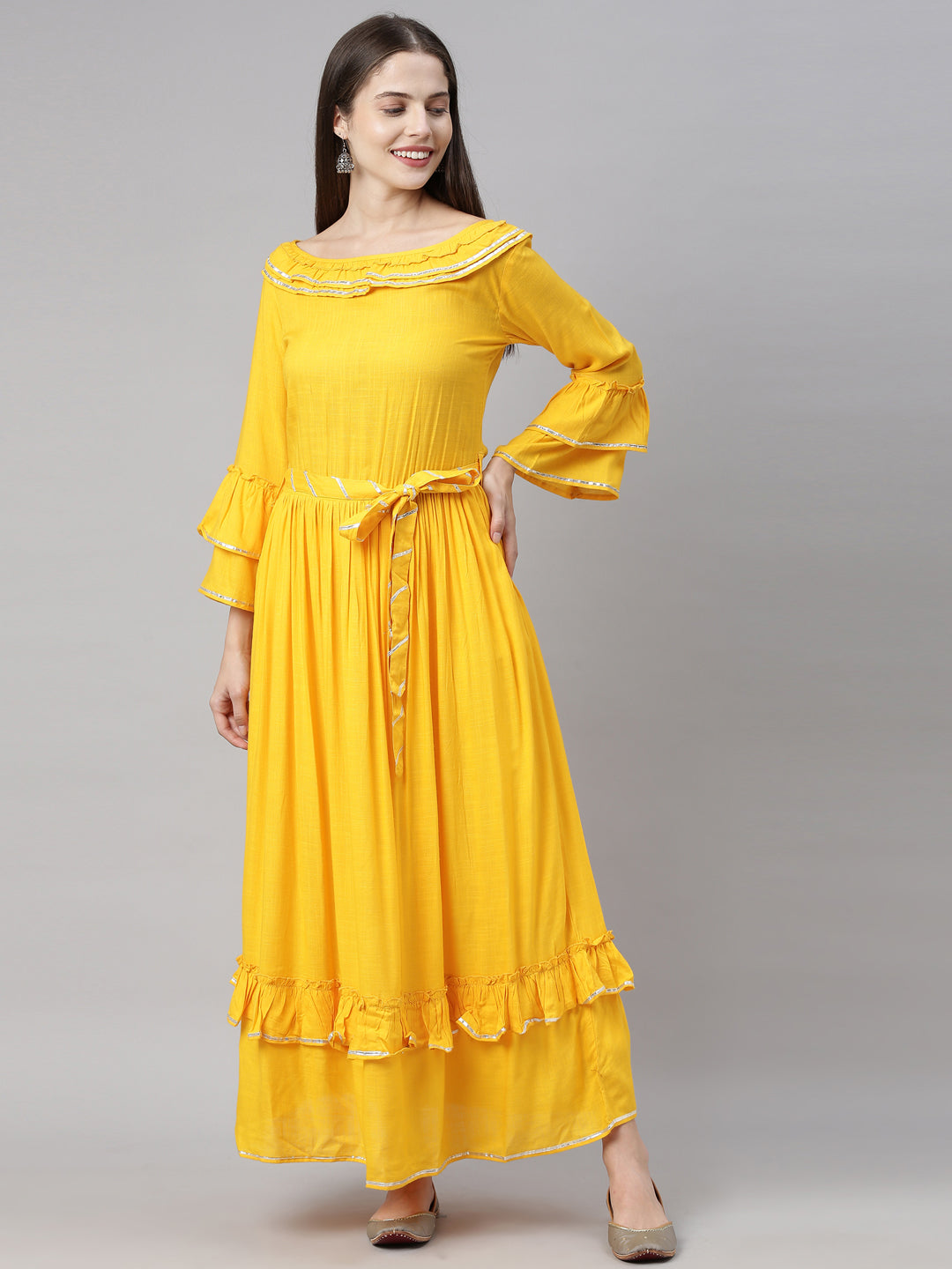 Neerus Yellow rayon flared kurta - detail view 11