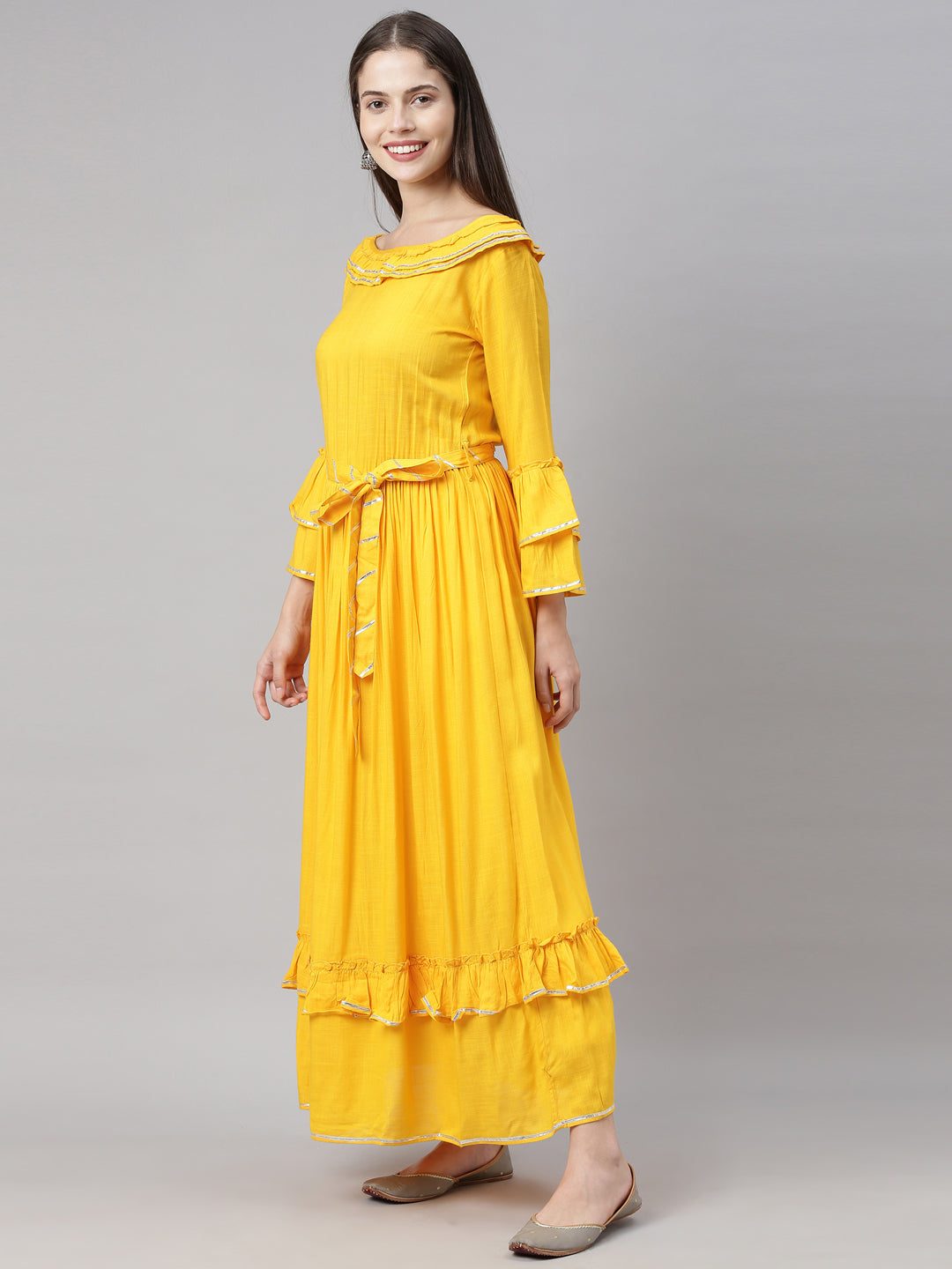 Neerus Yellow rayon flared kurta - detail view 7