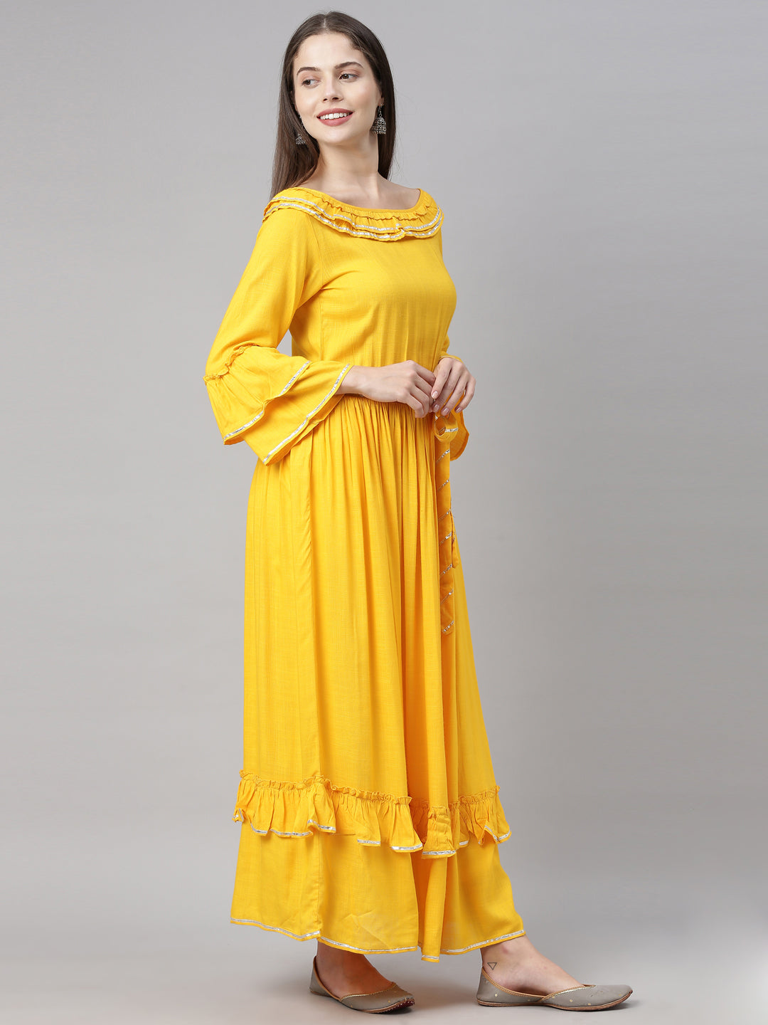 Neerus Yellow rayon flared kurta - detail view 8