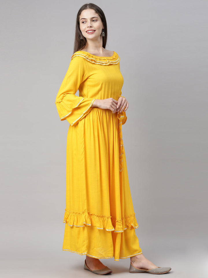 Neerus Yellow rayon flared kurta - detail view 8