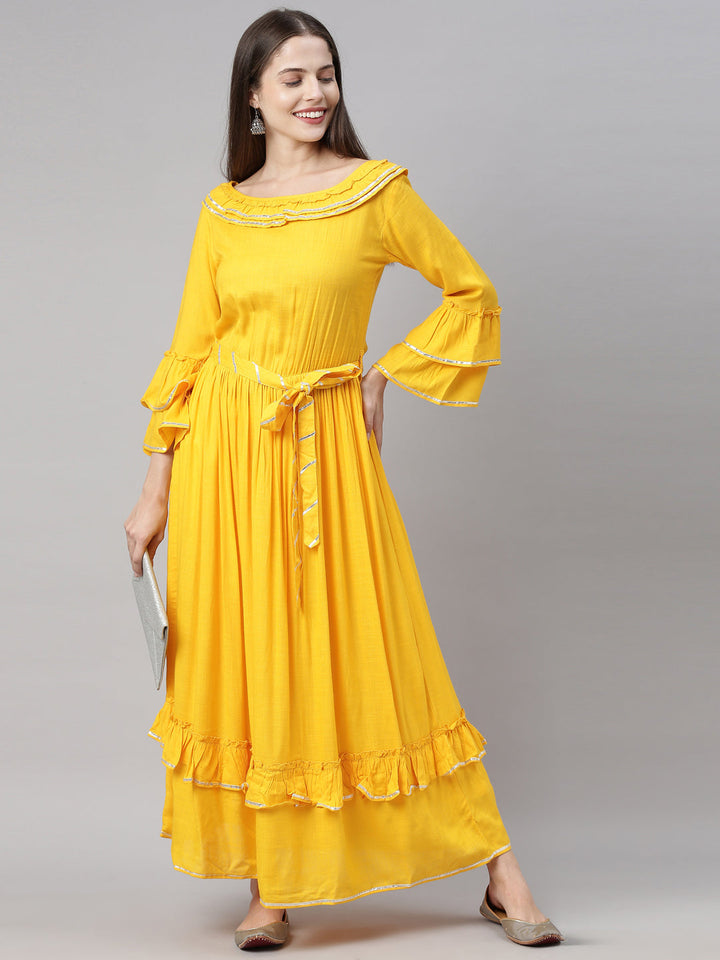 Neerus Yellow rayon flared kurta - detail view 10