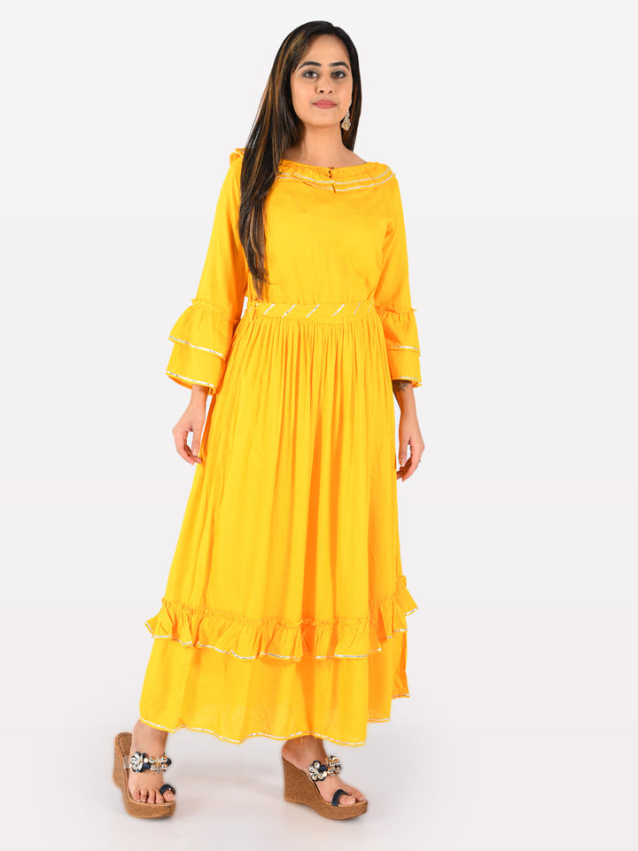 Neerus Yellow rayon flared kurta - front view