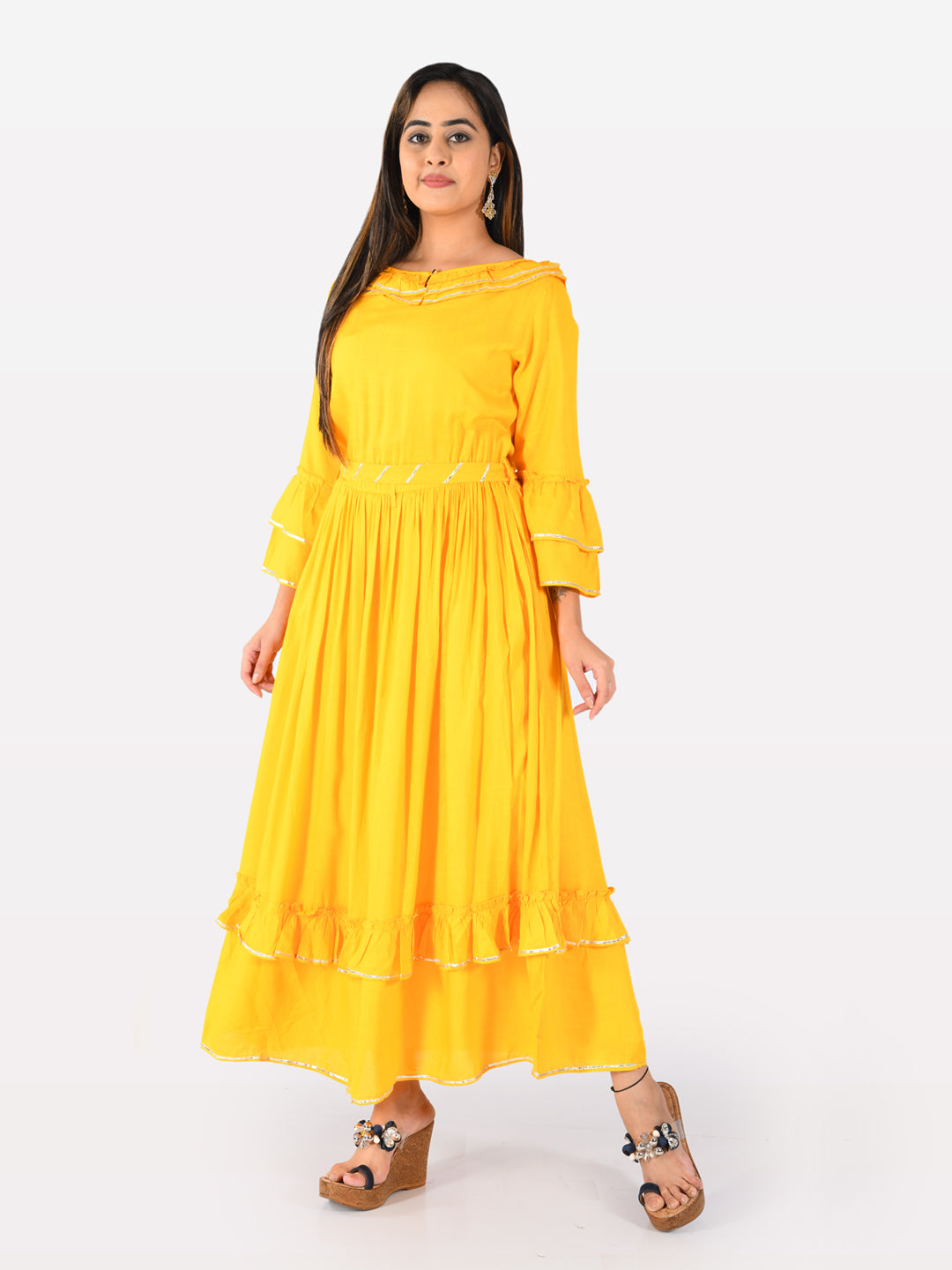 Neerus Yellow rayon flared kurta - back view