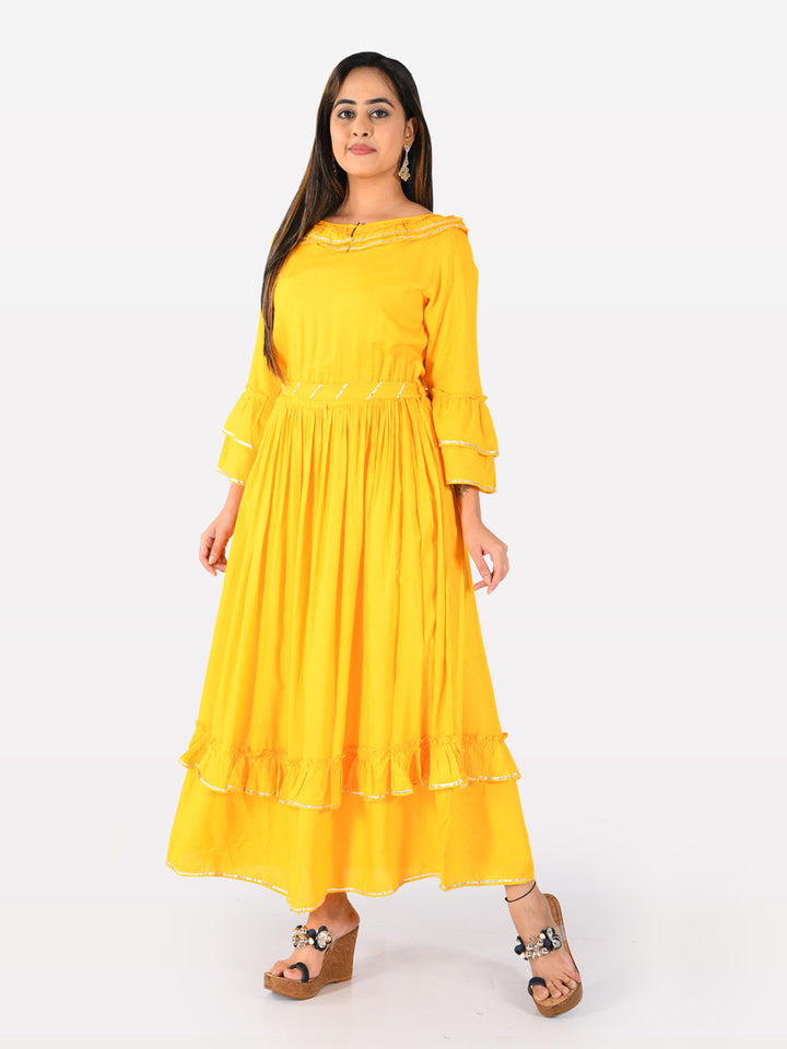 Neerus Yellow rayon flared kurta - back view