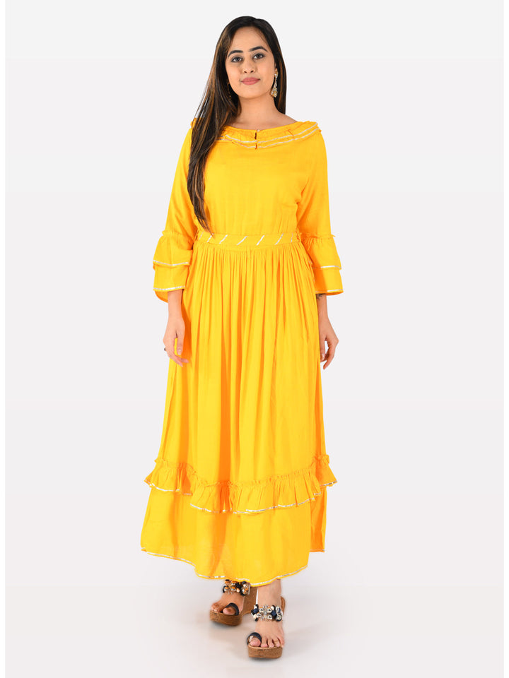 Neerus Yellow rayon flared kurta - side view