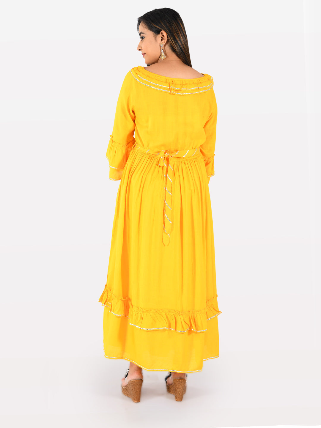 Neerus Yellow rayon flared kurta - detail view 2
