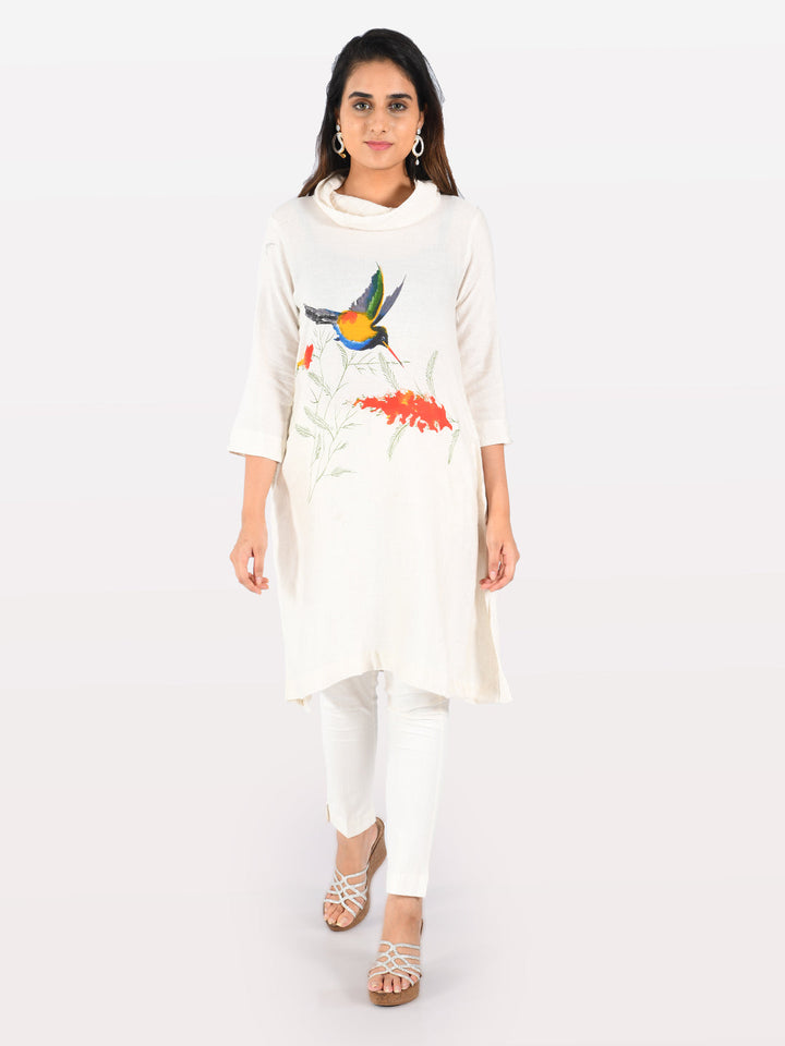 Neerus White printed straight kurta - front view