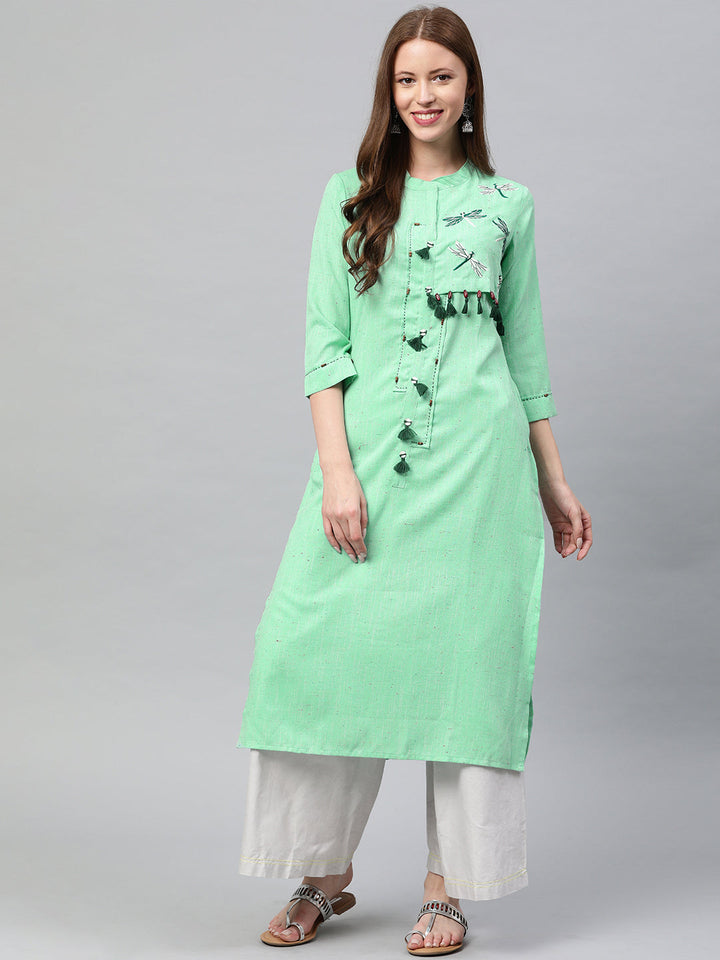 Neerus Green Rayon Embroidered Straight Kurta - front view