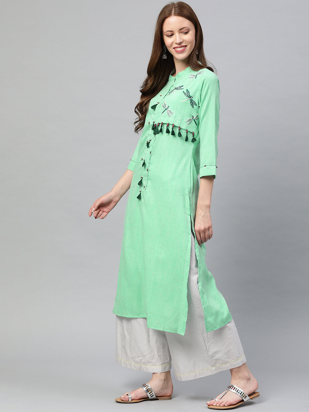 Neerus Green Rayon Embroidered Straight Kurta - side view