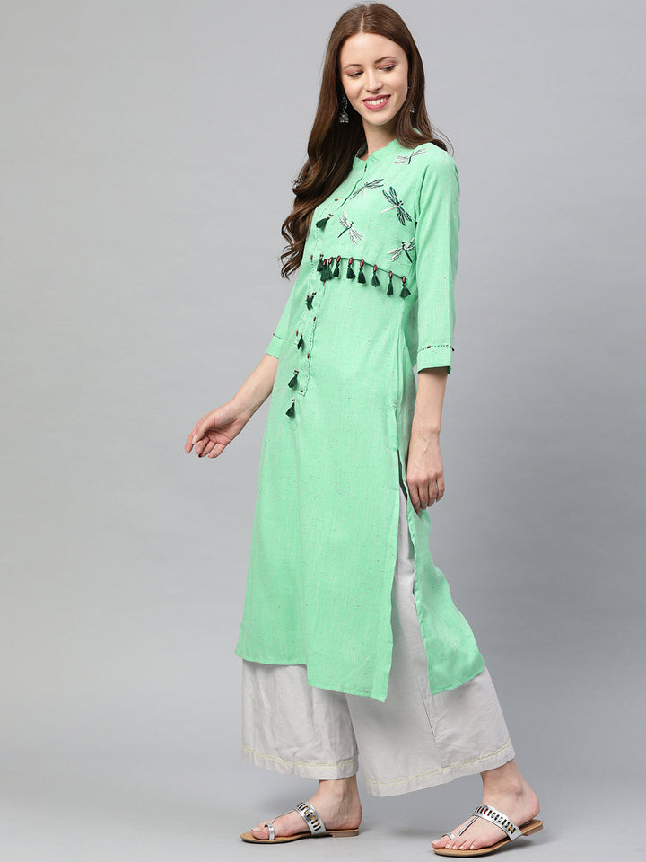 Neerus Green Rayon Embroidered Straight Kurta - side view