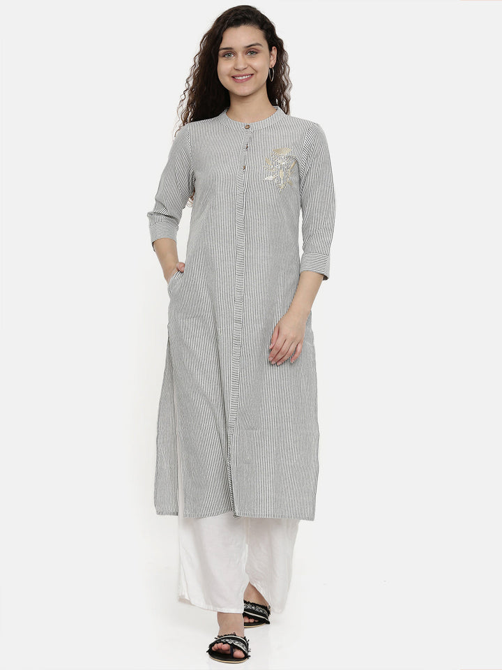 Neerus White cotton striped A-line kurta - detail view 3
