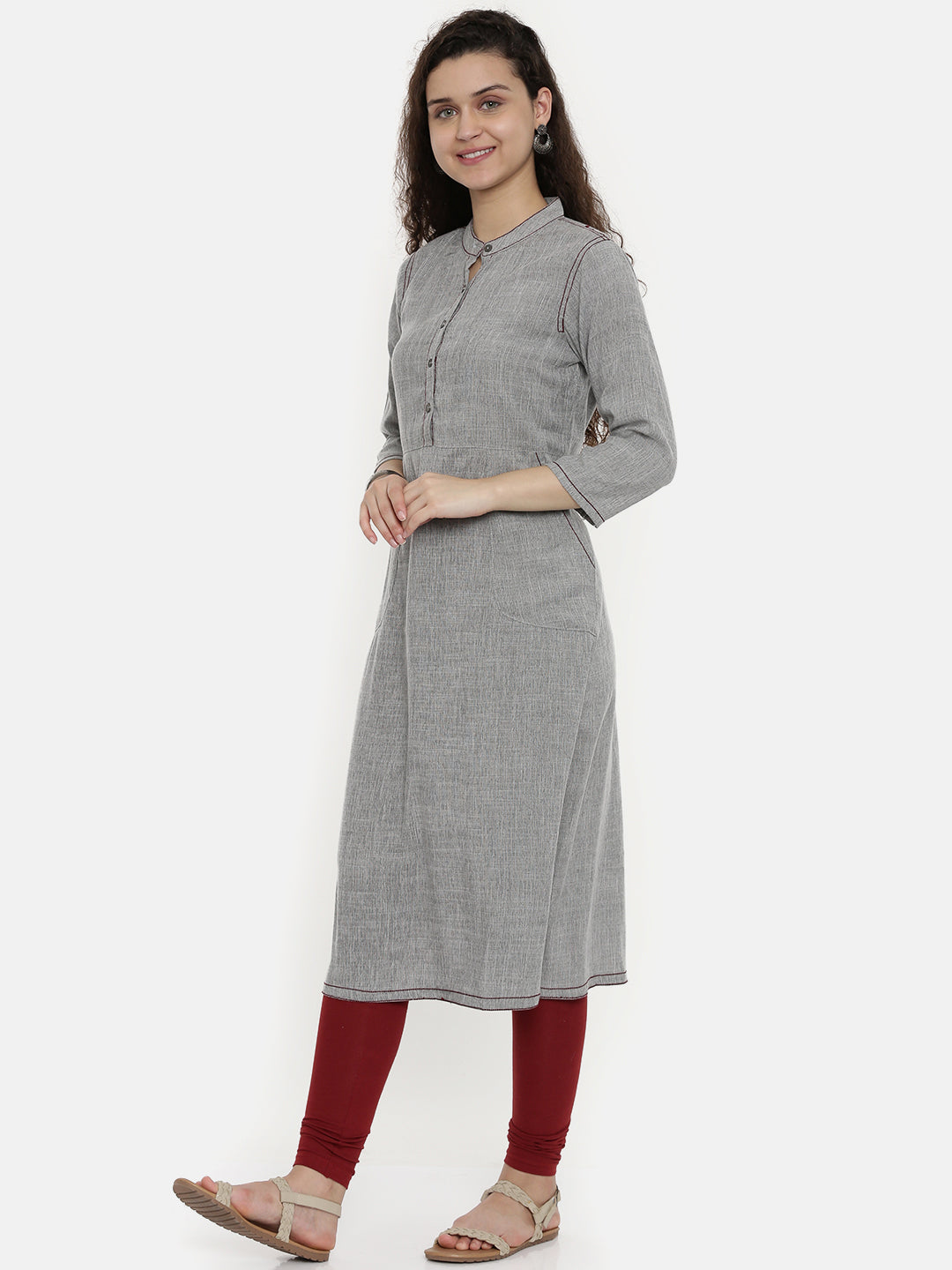 Neerus Grey rayon solid A-Line kurti - front view