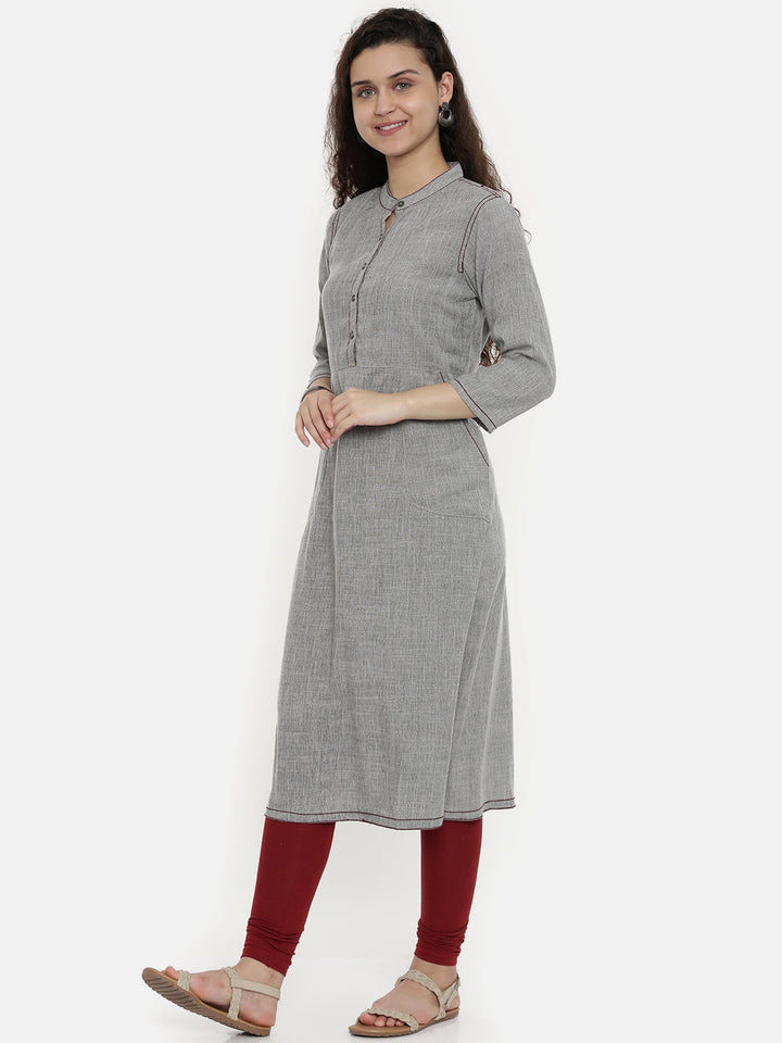 Neerus Grey rayon solid A-Line kurti - front view