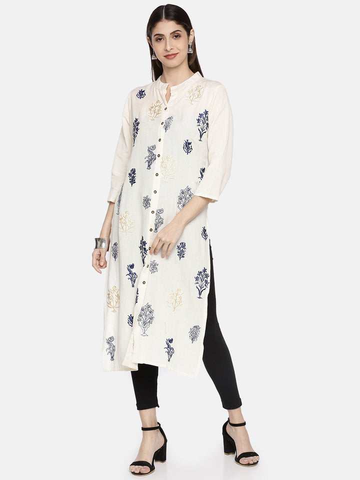 Neerus White cotton embroidered A-line kurti - front view