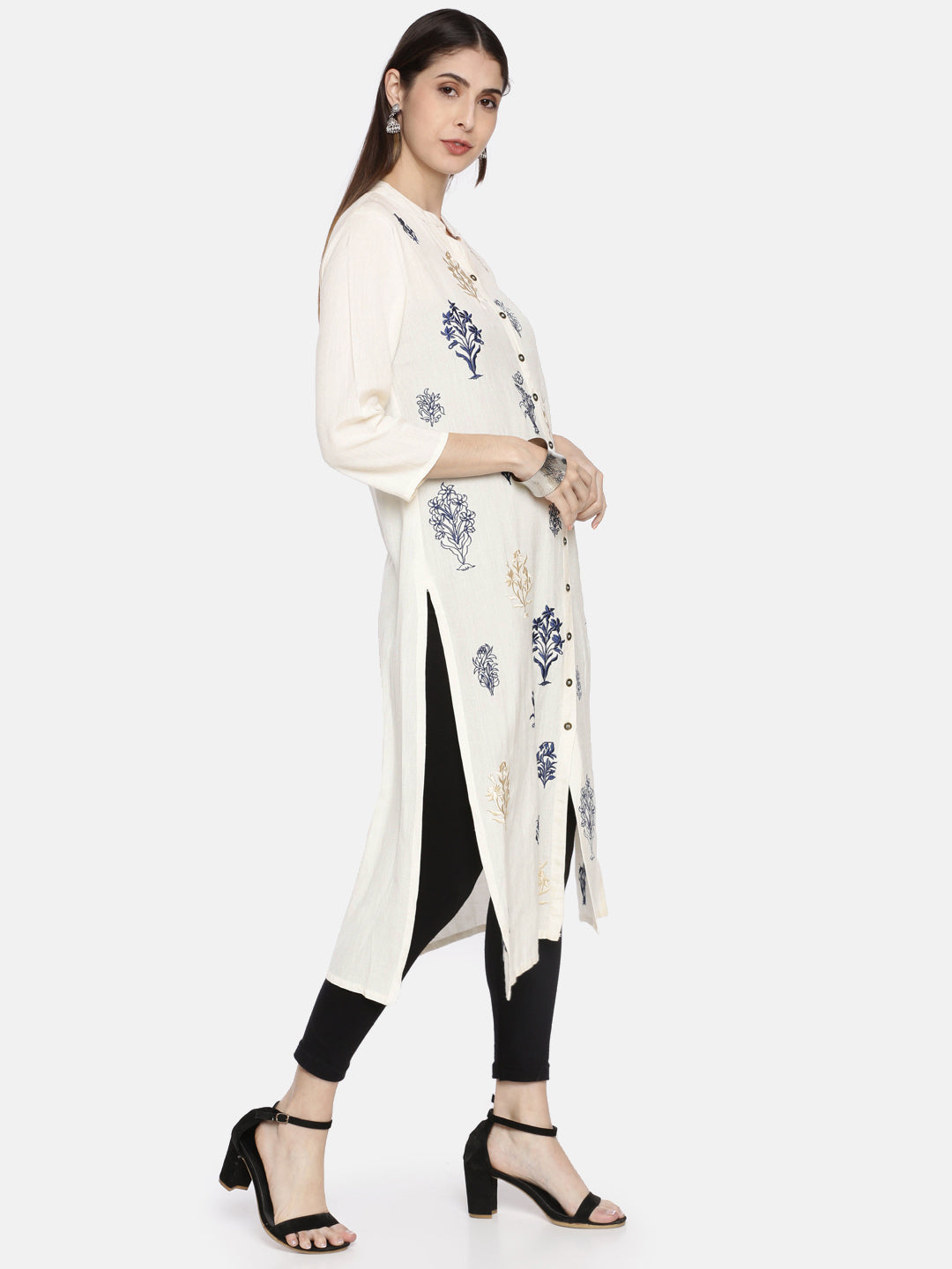 Neerus White cotton embroidered A-line kurti - side view