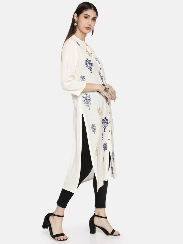 Neerus White cotton embroidered A-line kurti - side view