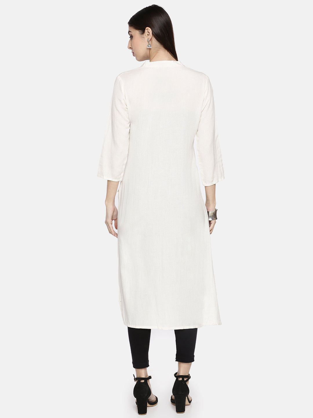 Neerus White cotton embroidered A-line kurti - detail view 1