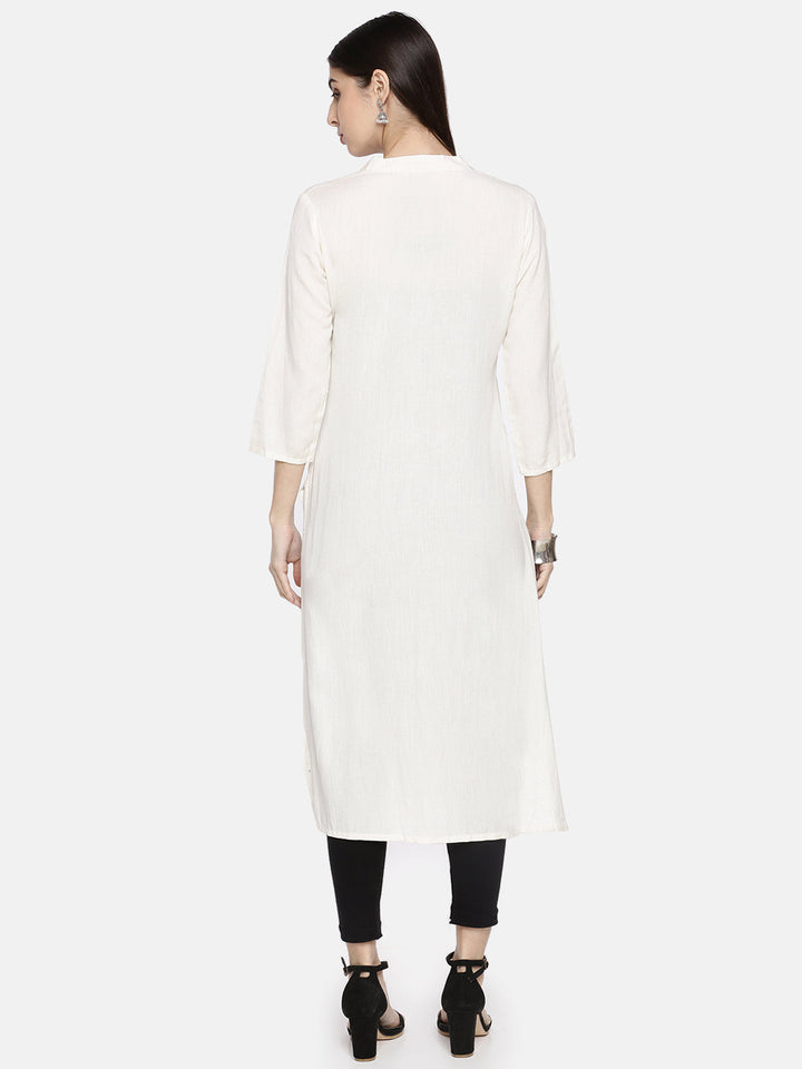Neerus White cotton embroidered A-line kurti - detail view 1