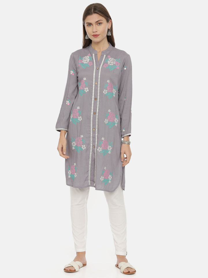 Neerus Grey cotton embroidered straight kurti - front view