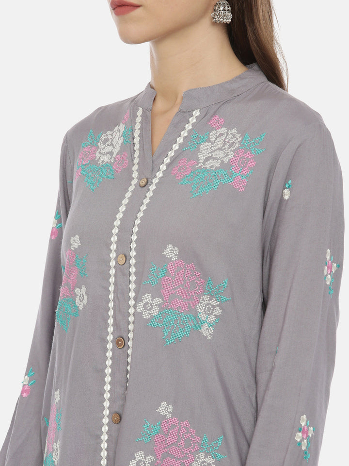 Neerus Grey cotton embroidered straight kurti - back view